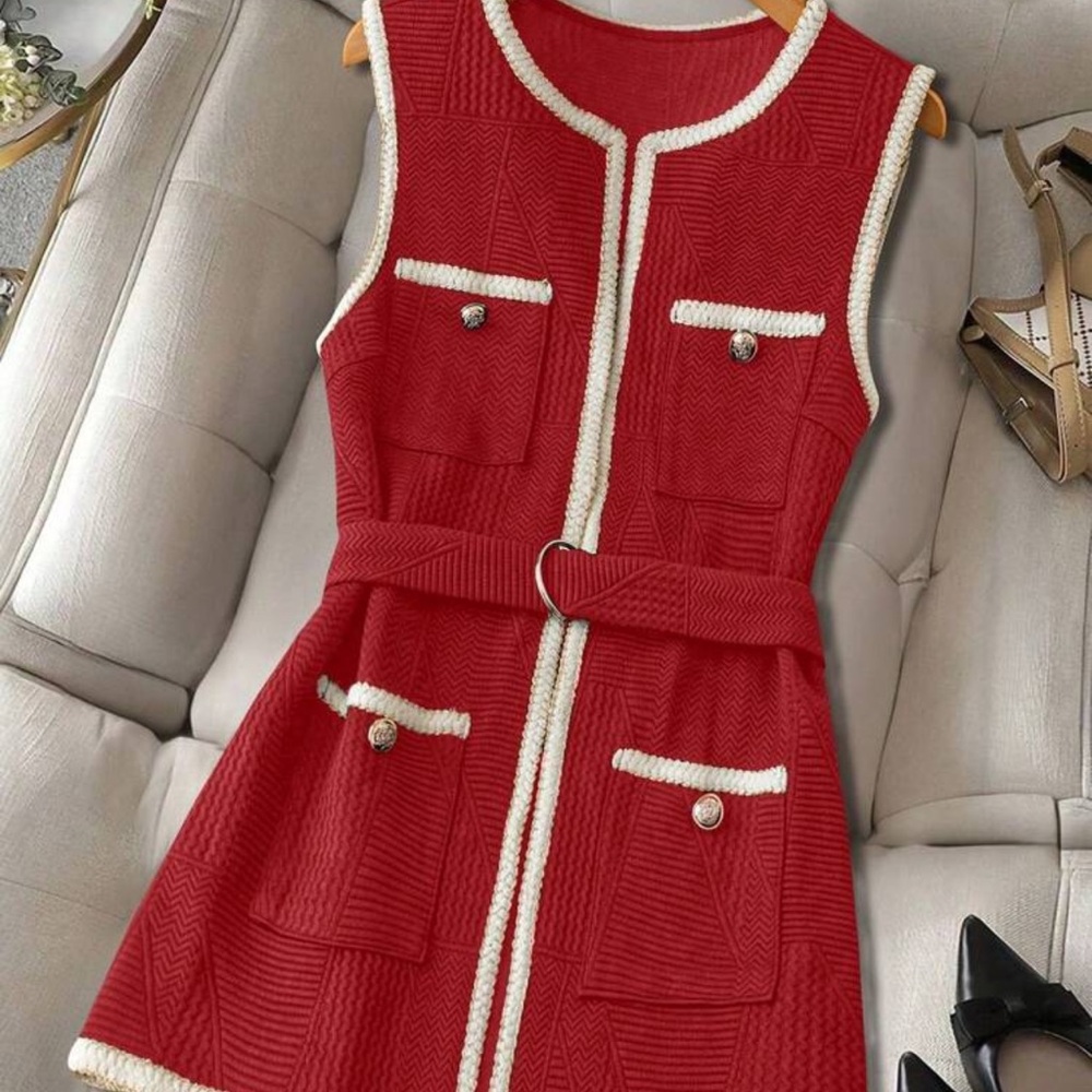 SHEIN Red and White Textured Vest with Belted Waist